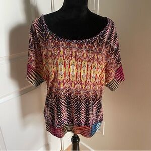 Alberto Makali Multi-Color Abstract Pattern Boatneck Short Sleeve Blouse Size L